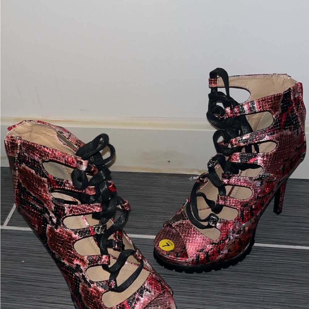 Stylish Red and Black Lace-Up Heels with grip traction size 7